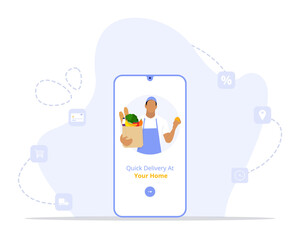 Online groceries concept illustration. Online Market, Home delivery, Shopping. Vector illustration for poster, banner, website, flyer.