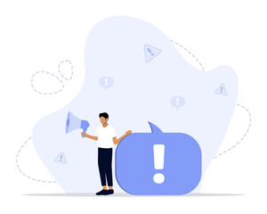 Important announcement, attention or warning information, breaking news or urgent message communication, alert and beware concept, business people announce on megaphone with attention 
exclamation sig