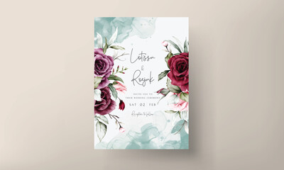 vintage wedding invitation card set with maroon roses watercolor