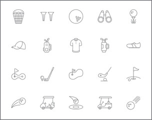 Simple Set of golf Related Vector Line Icons.
Vector collection of sport, ball, field, stick, glove, cart, umbrella, flag and design elements symbols or logo element.