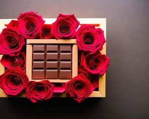 Red roses in a chocolate bar box, Chocolate bar and red roses, Chocolate on a Gray background, Valentine's Day