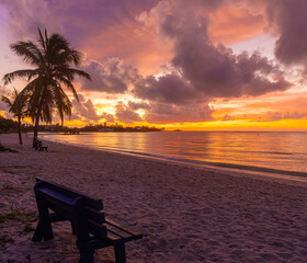 Wooden Bench on Sombrero Beach at Sunrise, Marathon , Florida, USA
