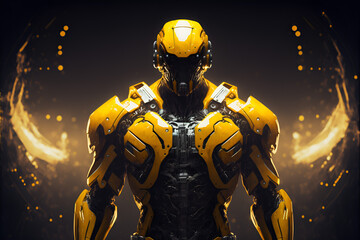 Yellow sci-fi Future soldier, future space marine power realistic illustration. Generative AI