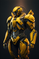 Yellow sci-fi Future soldier, future space marine power realistic illustration. Generative AI