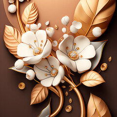 3d wallpaper flowers with stems and leaves on a golden background