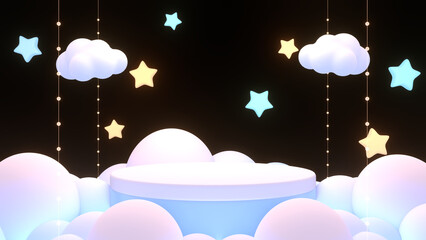 3d rendered podium with clouds and stars.