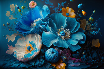 Blue flowers and colorful flowers oil painting. Generative AI
