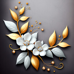 3d wallpaper white flowers with golden leaves and golden beads on a silver gray background