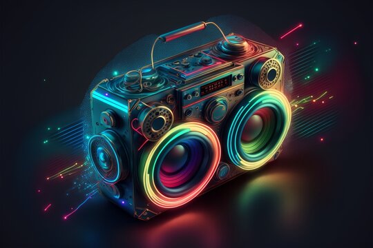 Kassettenrekorder Ghettoblaster der 80er Jahren im Neon Style, ai generativ