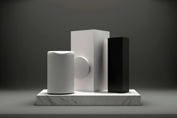 Three cylinder blocks, a white marble pedestal set against a black background, an abstract minimal concept, a blank area, and a luxury minimalist mockup. Generative AI