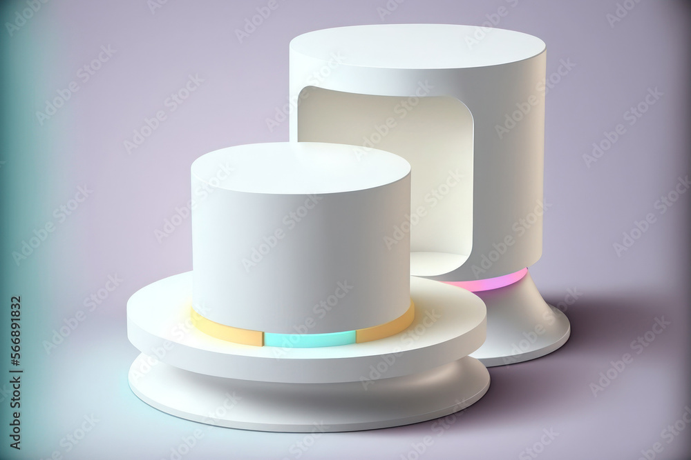 Poster two large white round pedestal podiums with rounded corners are used to display advertisements for p