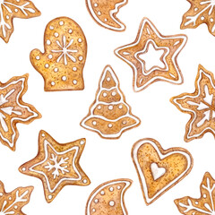 Seamless pattern with gingerbread decorated with icing, different shapes on white background, fragrant Christmas pastries, hand-drawn in watercolor. Designs for packaging, wrapping, paper, cover.