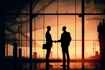 Fototapeta na wymiar Silhouette of two businessmen shaking hands in office with large windows, generative art
