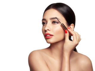 Beautiful woman puts mascara on her eyebrows. Eyelash extensions. Healthy clean fresh skin natural make up beauty eyes