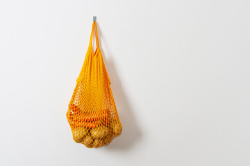 mesh grocery bag. Reusable bag. Vegetarianism, raw food diet, conscious consumption, grid. orange...