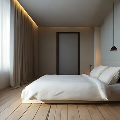 Fototapeta na wymiar Minimalist bedroom with a simple white bed and a large window2, Generative AI