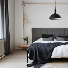 Minimalist bedroom with a white bed and a black pendant light2, Generative AI