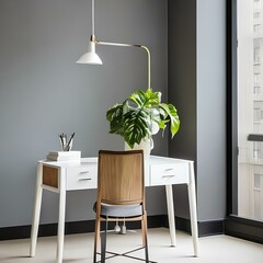 Minimalist office space with a clean white desk and a single potted plant2, Generative AI