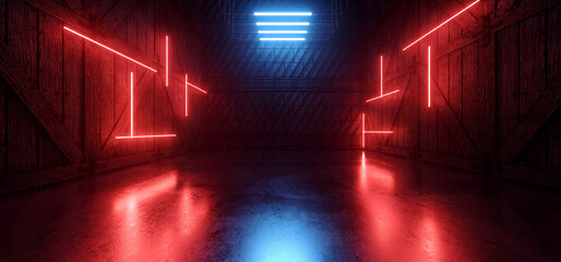 Neon leuchtendes Sci-Fi Futuristisches Lagerhaus Garage Bühne Blau Rotlichter Beton Stein Zementboden Raue Scheune Holzwände Showroom 3D-Rendering © IM_VISUALS