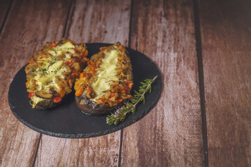 eggplants stuffed with meat and vegetables covered with bechamel sauce on a black slate on a wooden table