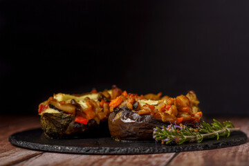 eggplants stuffed with meat and vegetables covered with bechamel sauce on a black slate on a wooden table