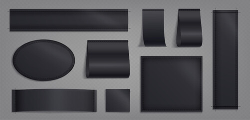 Blank clothes tags, fashion labels with seams. Empty black fabric badges for shirts, dresses and apparel with stitches isolated on transparent background, vector realistic set