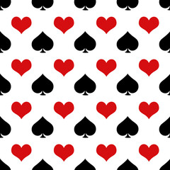 Seamless pattern background made with Poker playing cards suit of Spades  and Hearts symbol in black  and red isolated on white background