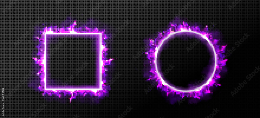 Poster circle and square frames with purple fire. fantasy banners with burning borders with violet flame, g