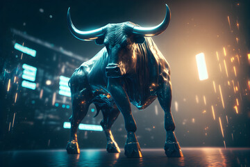 Futuristic Bull market in concept of stock market exchange or financial technology, 3d bull representing market rise in stock market, generative ai, stock market analysis, trading bull
