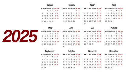 Simple Calendar 2025 on a white background