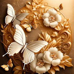 3d golden flowers and white butterflies on a golden background