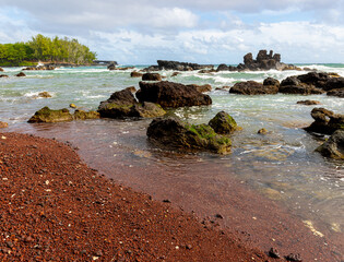 The Red Sand Of Koki Beach and Ka iwi o Pele , Koki Beach Park, Hana, Maui, Hawaii, USA