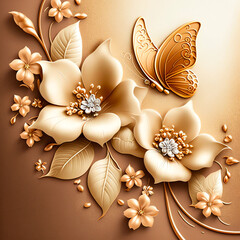 3d golden flowers, butterfly, and beads on a golden background