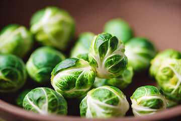fresh healthy green Brussels sprouts in a bowl on a dark table, generative AI