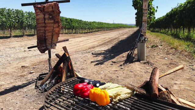 Typical Argentinian style flame ribs, prepared with grilled vegetables in the middle of vineyards