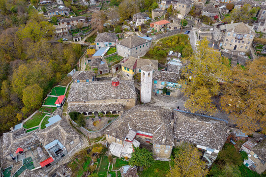 aerial view of the traditional stone village Tsepelovo during  fall season in  zagori Greece
