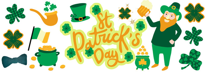 St Patrick's day holiday elf with pot of coins beer clover yarrow., hat, shoes and flowers. Lettering, font.