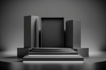 black podium on a dark background, podium for product presentation. Generative AI