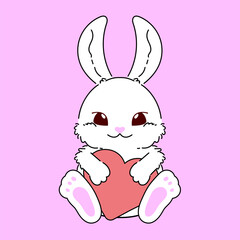 Cute bunny hug pink heart. White rabbit holding love symbol vector illustration.