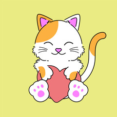 Cute white orange cat holding heart love symbol vector illustration.