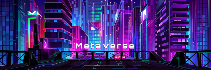 Night city street with neon illumination, metaverse technology glow buildings, perspective view from rooftop. Urban architecture, megalopolis infrastructure in darkness, Cartoon vector illustration