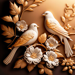 3d wallpaper golden birds sitting on a branch with flowers