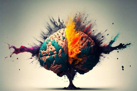 Concept art of a human brain exploding with knowledge and creativity. Generative AI.