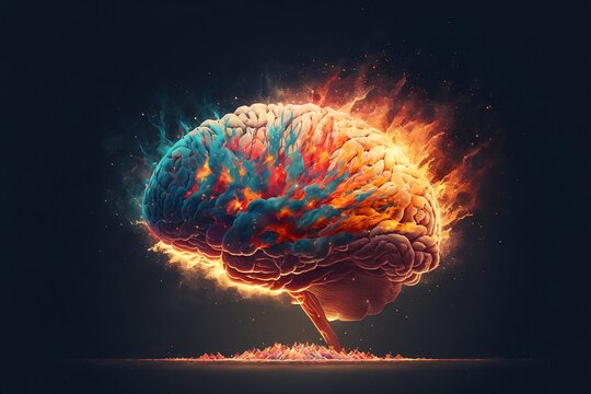 Concept art of a human brain exploding with knowledge and creativity. Generative AI.