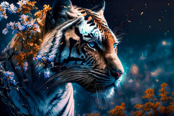 Tiger in the forest surrounded by nature and flowers. An endangered species, generative ai