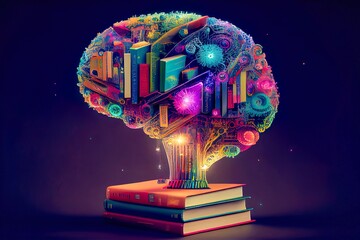 Books with the silhouette of a brain, colorful and on a dark background, education and knowledge concept, created with Generative AI technology