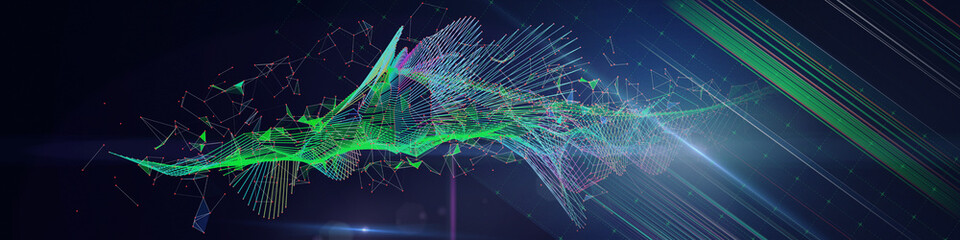 Obraz premium Abstract background contain wireframe graph in chaotic noise defocus on dark. Big Data. Technology polygonal concept in web virtual. Banner for business, science and technology data analytics.