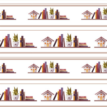 Seamless Pattern With Bookshelves. Books, Decorative House, Potted Plant. Bookstore, Bookshop, Book Lover Concept. Vector Illustration.