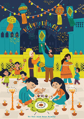 Happy Diwali Festival and Family Celebrating Diwali Vector