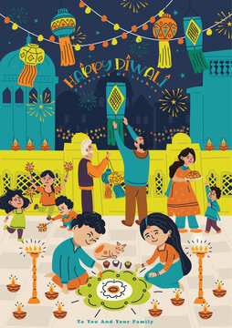 Naklejki Happy Diwali Festival and Family Celebrating Diwali Vector
